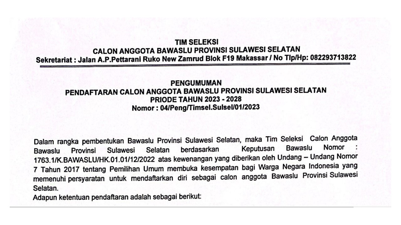 Pengumuman Pendaftaran Calon Anggota Bawaslu Provinsi Sulawesi Selatan Periode tahun 2023-2028