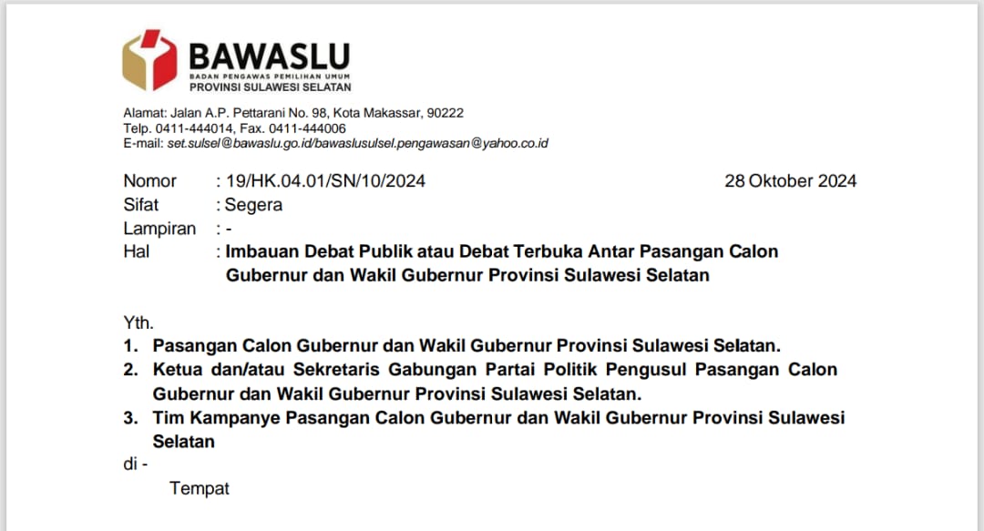 Bawaslu Sulsel Keluarkan Imbauan jelang Debat Perdana Pilgub Sulsel